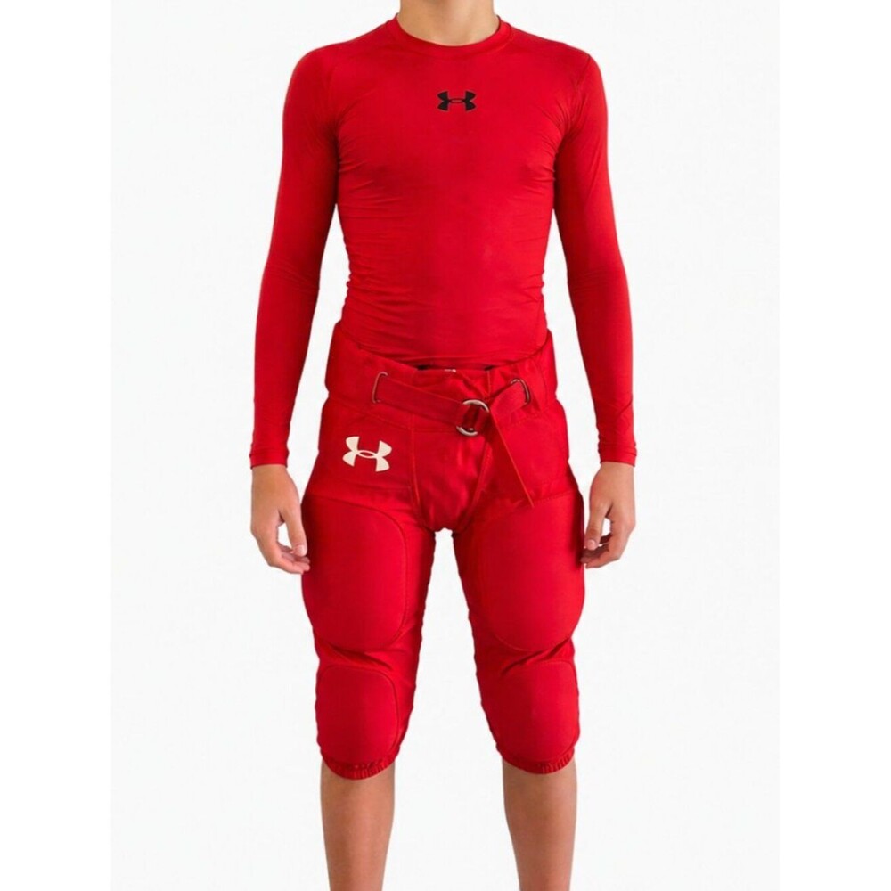 BOYS Under Armour Red Padded Football Pants and Heatgear Compression Shirt